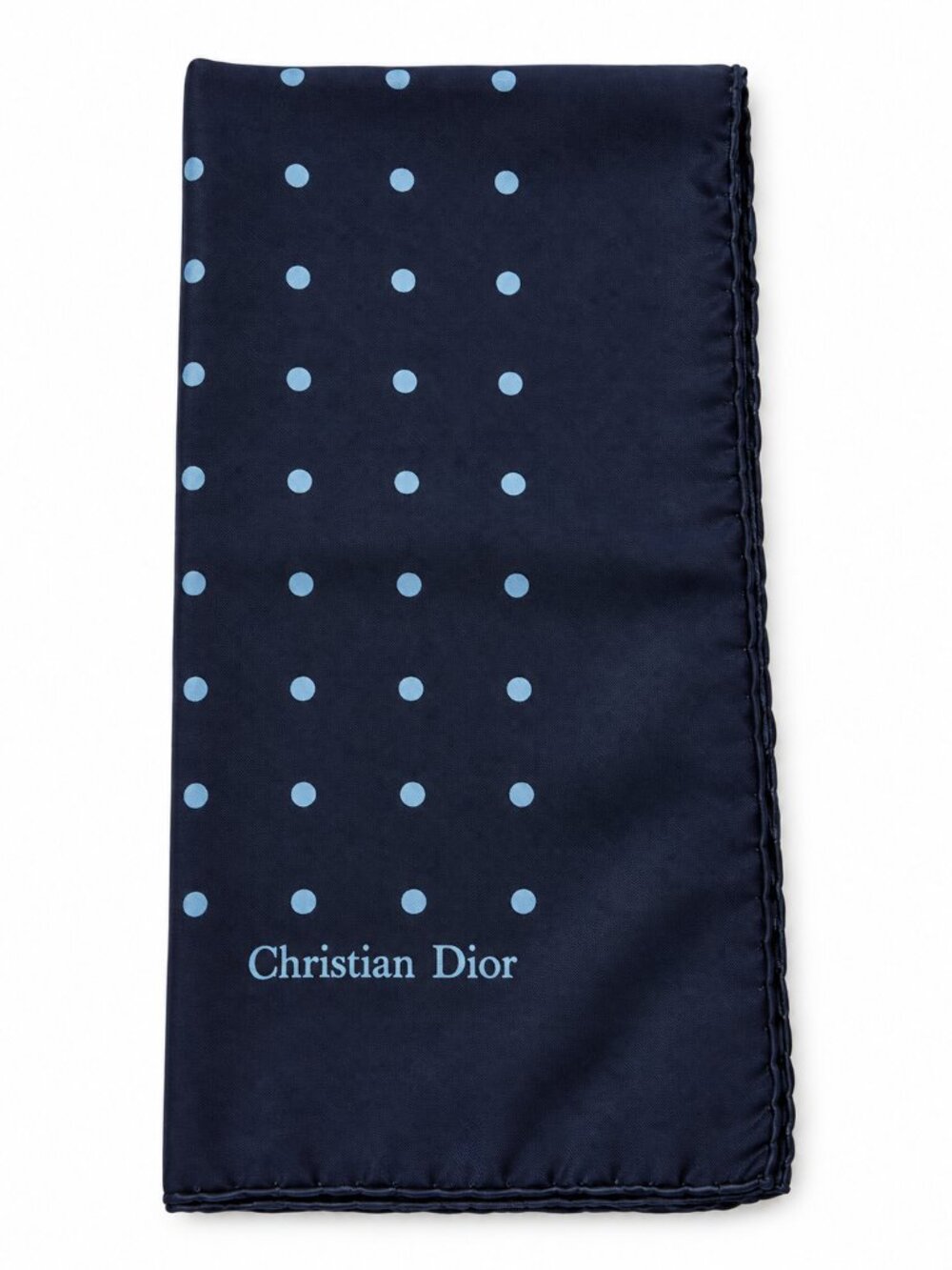 Christian Dior Mens 100% Silk Pocket Square Navy Blue Polka Dot Made Italy